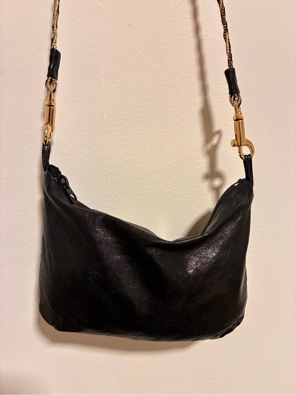 VINTAGE small Black faux Leather Shoulder Bag with Gold Hardware